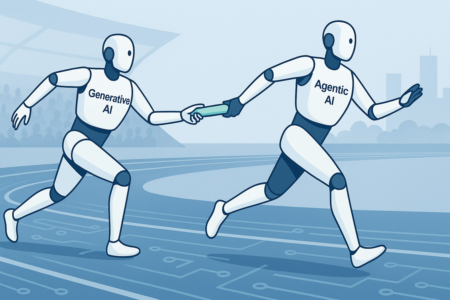 A digital relay race where a “Generative AI” robot passes a glowing baton forward to an “Agentic AI” robot who is running ahead and reaching back to receive it — symbolising the shift from Generative AI to Agenetic AI.