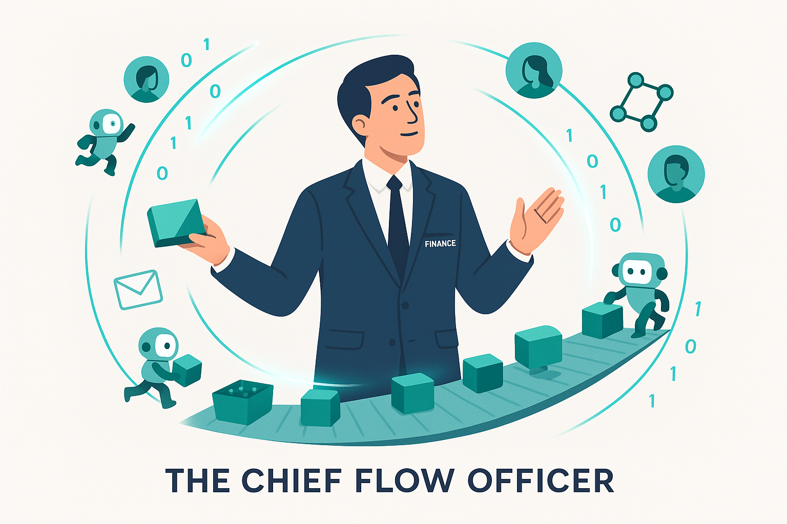 Illustration of a confident CFO in a suit labeled “Finance,” standing at the centre of a conveyor belt while glowing data blocks and small AI bots move around them. Arcs of binary code and icons for emails, profiles, and workflows swirl around, symbolising the CFO’s central role in orchestrating business decisions and data flow. Text below reads “The Chief Flow Officer.”