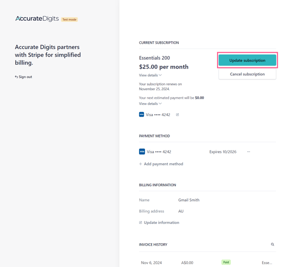 Customer Portal - Upgrade Subscription