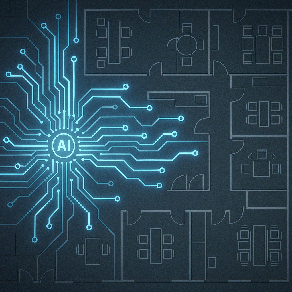 A digital illustration of a modern office floorplan with glowing AI circuitry flowing through desks, meeting rooms, and systems—symbolising intelligent automation seamlessly integrated into everyday finance workflows.